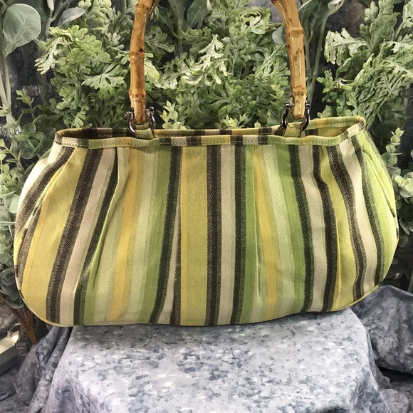 Striped Cotton Summer Handbag with Bamboo Handles. (Green Yellow Tan Brown) ☀️ - Picture 3 of 10